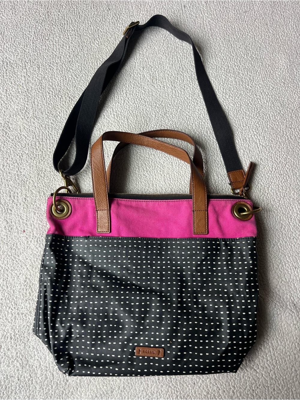 Fossil Leah Dot Tote Hot Pink Canvas Top Purse Leather Crossbody Polka Dot